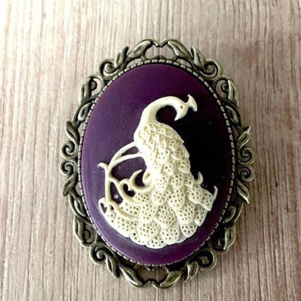 Burgundy and Cream Victorian Style Peacock Cameo Brooch, NWT, Handmade